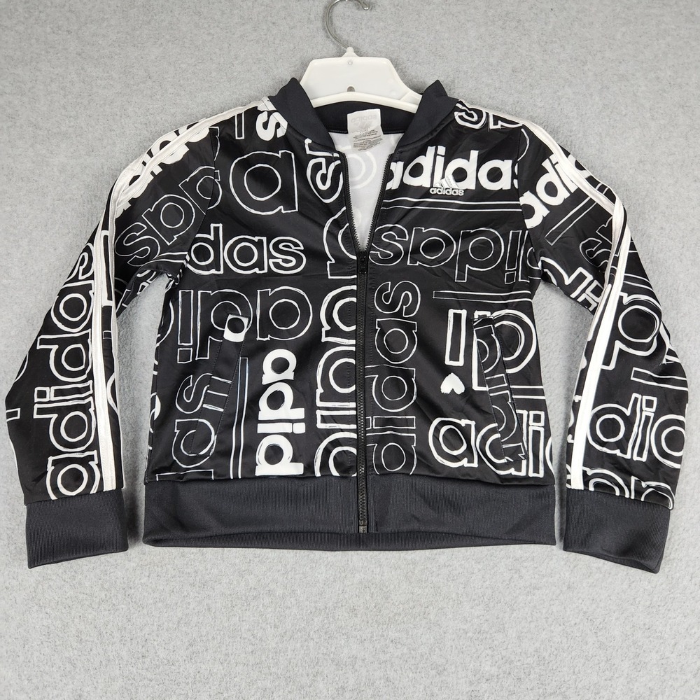 Adidas Track Jacket Girls S 7/8 Black White Allover Logo Print 3-Stripes Zip Up